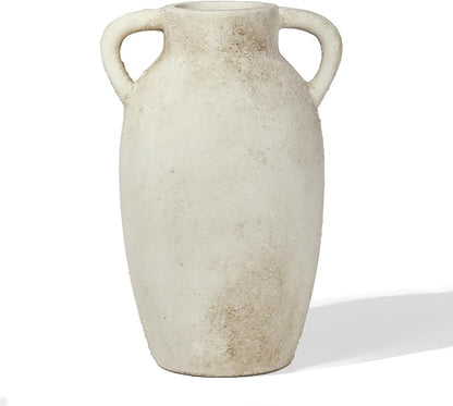 Ceramic Flower Vase Home Decor – 9.8 Inch Pottery Rustic Farmhouse Decorative Vase with Handles for Table Centerpiece, Shelf & Mantel, Beige