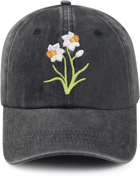 Cute Flower Hat, Elegant Floral Embroidered Adjustable Baseball Cap for Men Women, Gifts for Flower Lovers, Black
