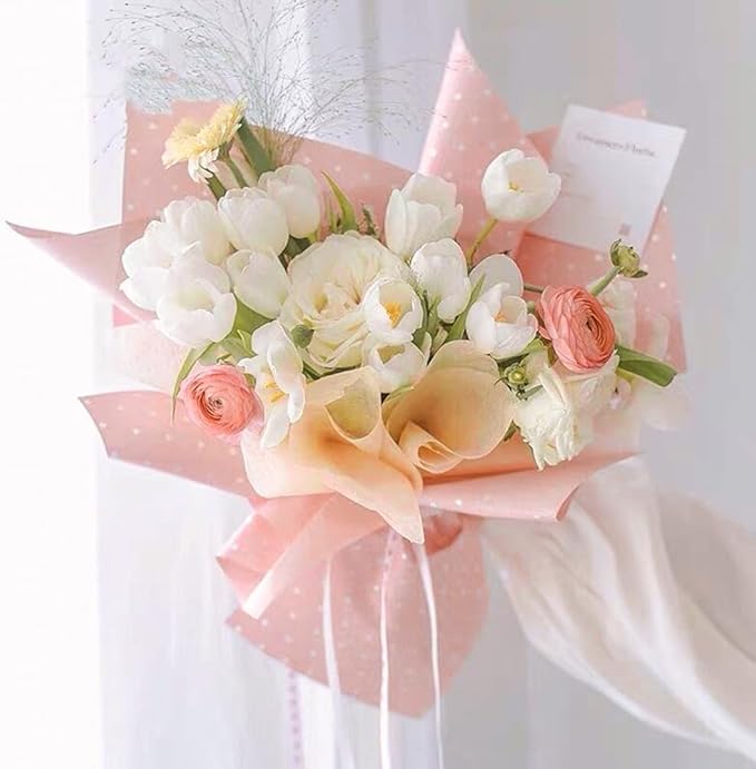 WRAPAHOLIC 20 Sheets Flower Wrapping Paper - 22.4 x 22.4 inch Pink and White Polka Dots Water-Resistant Floral Bouquet Wrapping Paper, Florist Supplies Packaging for Wedding Birthday Gift DIY