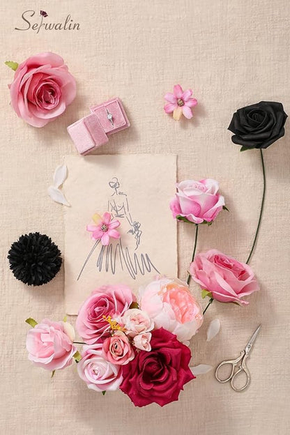 Serwalin 2PCS Artificial Flowers Black Hot Pink Fake Silk Flowers for DIY Wedding Bouquets, Wedding Cake Flowers for Table Centerpieces Baby Shower Birthday Party Home Decorations