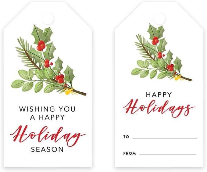 Andaz Press Christmas Holiday Season Classic Gift Tags, Happy Holidays to from and Wishing You A Happy Holiday Season, Winter Holiday Branch Design, for Holiday Events, Parties, and Favors, 60-Pack