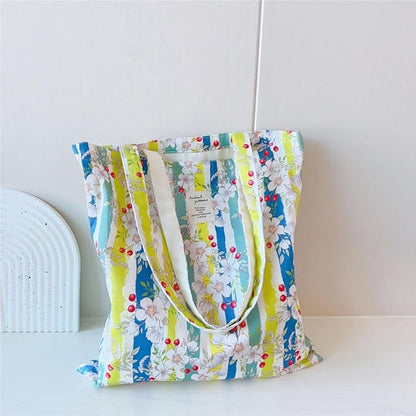Cotton Canvas Tote Bag Reusable Soft Grocery Cloth Bag Floral Shoulder Bag for Beach Travel Shopping