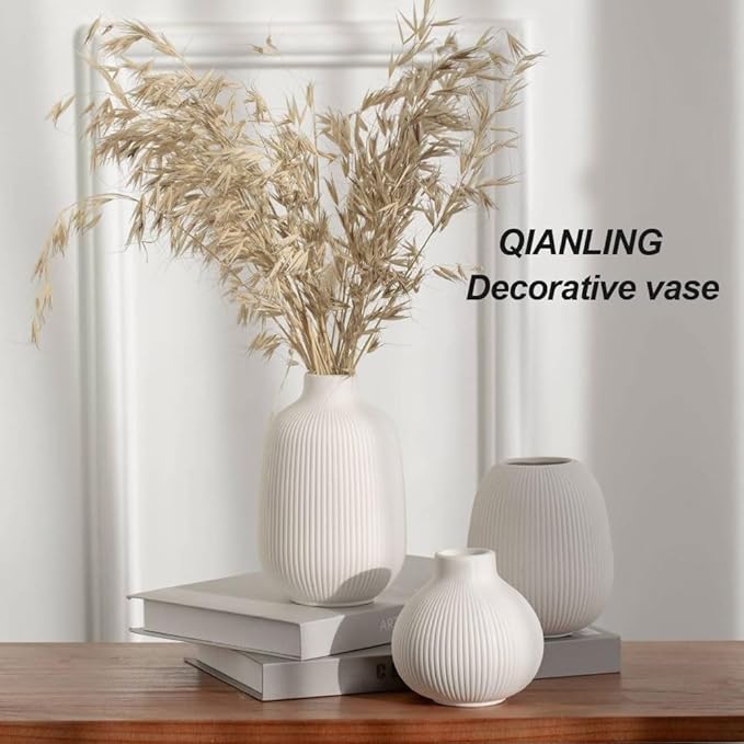 White Ceramic Vase Set of 3, Minimalist Decor, Home Decorative Vase,Modern Ribbed Vases, Vases for Kitchen, Bedroom, Office, Living Room, Bathroom, & Shelf Centerpiece Table Decorations