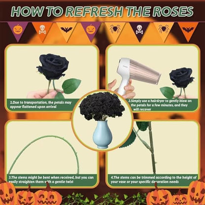 50 PCS Fake Black Roses, Artificial Flowers Bulk Halloween Decorations Realistic Silk Faux Black Roses with Stems for Gothic Wedding Party Decor, Bridal Bouquets DIY Floral Arrangement Home Decor