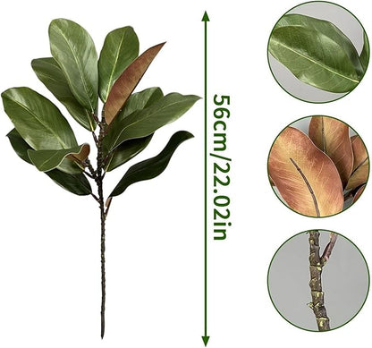 4 Artificial Magnolia Leaf Stems, Real Touch Fake Green Branches for Flower Arrangement, Centerpiece for Indoor and Outdoor Home Dining Tables, Wedding and Party Decorations(Green)