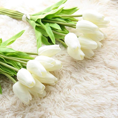 30pcs Artificial Tulips Flowers Real Touch Tulips Fake Holland PU Tulip Bouquet Latex Flower White Tulip for Wedding Party Office Home Kitchen Decoration (Pure White)
