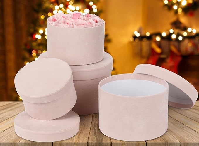 Round Gift Boxes with Lids for Presents Set of 4 Light Pink Velvet Nesting Gifts Box for Arrangements Flowers Wedding Birthday Valentines Bridesmaid Christmas Party Anniversary