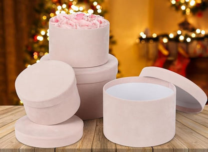 Round Gift Boxes with Lids for Presents Set of 4 Light Pink Velvet Nesting Gifts Box for Arrangements Flowers Wedding Birthday Valentines Bridesmaid Christmas Party Anniversary