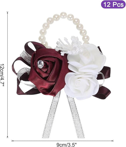 MECCANIXITY 12Pcs Wrist Corsage Artificial Flower Bracelets Rose Wrist Bride Groom Decorative for Wedding Ceremony Prom Party Anniversary Wine Red