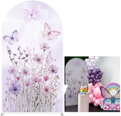 KONPON Butterfly Arched Backdrop Cover Spring Pink Purple Flowers Stretchy Arched Stand Cover for Girls Birthday Party Decorations (No Stand!)