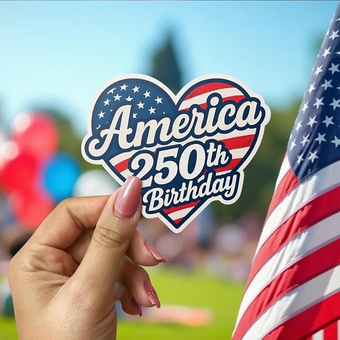 HANDICHI Design 5-Pack 6 Inch America 250th Birthday Stickers – Patriotic Heart-Shaped USA Flag Vinyl Decals – Waterproof 1776–2026 Independence Day Stickers for USA 250th Anniversary Celebration