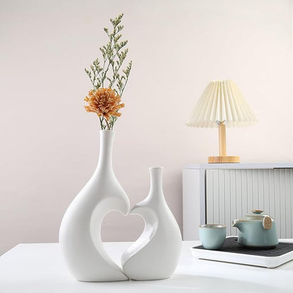 White Ceramic Vase Set of 2,Heart Shaped vase, Matte Frosted Texture Finish,Farmhouse Decor, Home Decor, Vases for Your Bedroom, Office, Living Room, Bathroom (White)