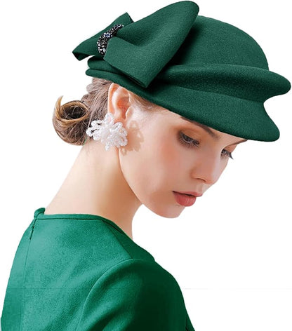 ORIDOOR Women Vintage 100% Wool Felt Flowers Bucket Cloche Bowler Hat Church Wedding Beret Hat