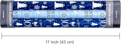 WRAPAHOLIC Christmas Wrapping Paper Roll - Mini Roll - 3 Rolls - 17 Inch x 120 Inch Per Roll - Blue and White Winter Wondland, Snowflake, Snowman Holiday Collection with Metallic Foil Shine