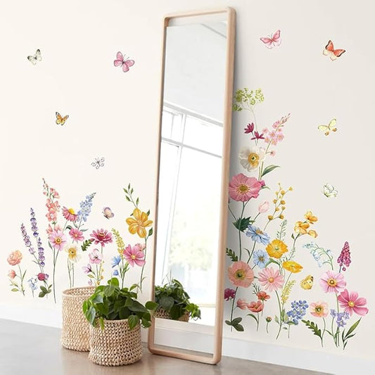 Butterfly and Wild Flower Wall Decals Peel and Stick for Girls Room Wall Decals, Living Room, Nursery, Removable Waterproof Stickers & Murals for Home Decor