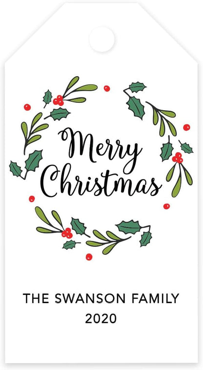 Andaz Press Personalized Christmas Holiday Season Classic Gift Tags, Merry Christmas Custom Family Name and Year, Christmas Holly Wreath Design, for Holiday Events, Parties, and Favors, 60-Pack