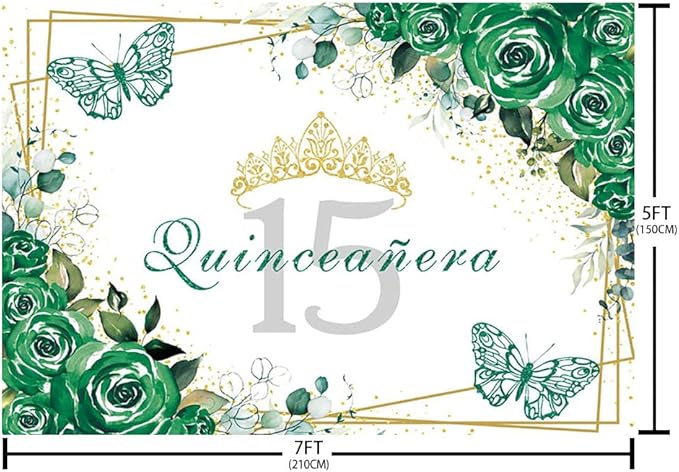 Sendy 7x5ft Quinceañera Backdrop Mis Quince 15 Anos Birthday Party Decorations Supplies for Girl Princess Green Floral Butterfly Gold Crown Photography Background Banner Photo Booth Studio Props