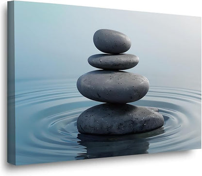 Zen wall art Harmonious grey stones stacked on a calm surface of water Serene Zen decor suitable for tranquil homes and spaces of meditation 8x12in Wood Framed