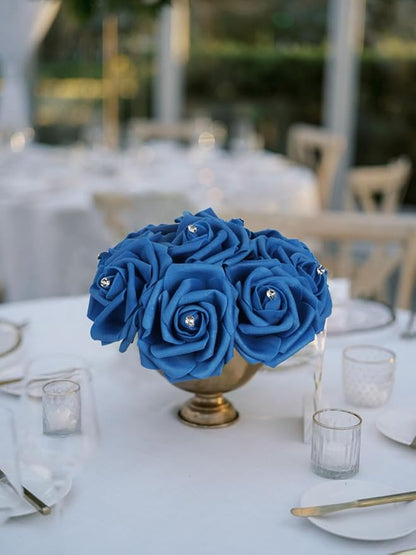 Royal Blue Roses with Crystal 50PCS Blue Foam Roses for Craft 2.95" Fake Blue Roses Artificial Flowers for Bridal/Baby Shower Decorations Wedding Centerpieces for Table (Royal Blue)