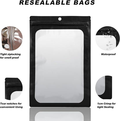 400 Pack 4 Size Bags with Clear Window,Scratch Resistant Hand Holographic Packaging Pouch,Resealable Bag for Small Bussiness Cookies Jewelry Candy Sample (Black, 2.4×3.9,3x4.7,4×7,5.5×7.9 inch)