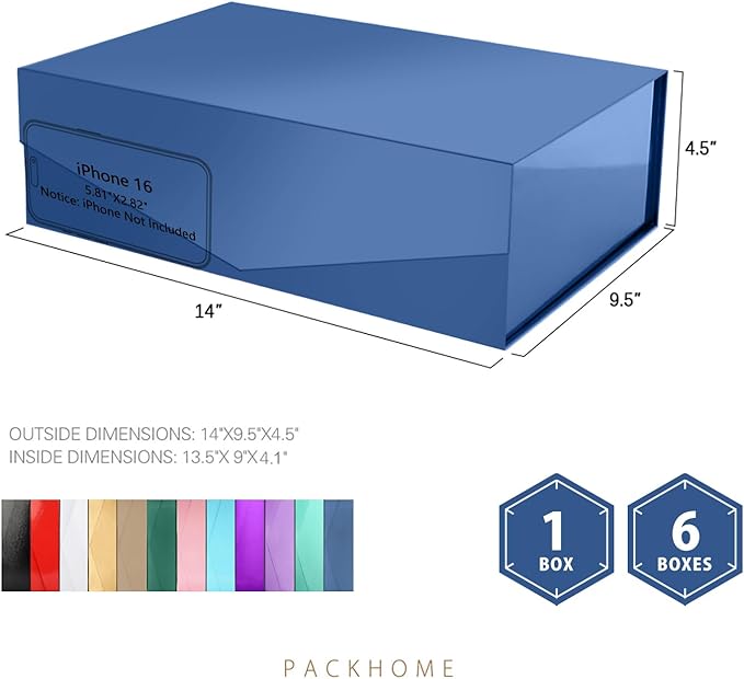 PACKHOME 6 Large Gift Boxes with Lids 13.5x9x4.1 Inches, Sturdy Collapsible Gift Boxes with Magnetic Closure (Glossy Navy)
