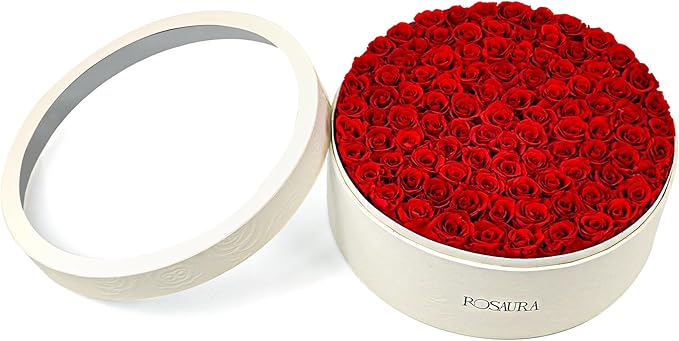 Rosaura Round Preserved Roses Gift Box - Real Forever Flowers for Birthday, Valentine's & Mother's Day (red, 100 Roses)