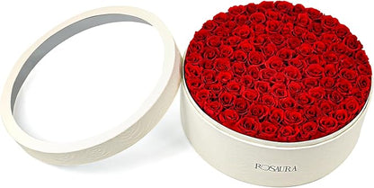 Rosaura Round Preserved Roses Gift Box - Real Forever Flowers for Birthday, Valentine's & Mother's Day (red, 100 Roses)