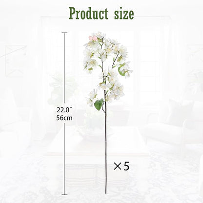 DILATATA Artificial Cherry Blossom Flowers 5 Pcs Silk Cherry Blossom Stems 22 Inch Long Stems Faux Silk Peach Flowers for Tall Vase Spring Decor Wedding Party Home Table Arrangement - White