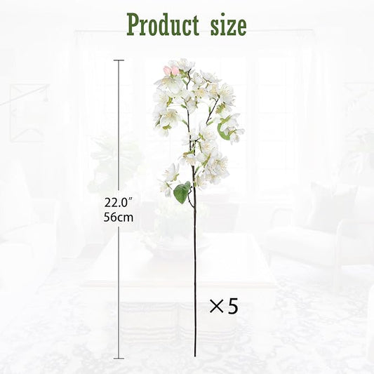 DILATATA Artificial Cherry Blossom Flowers 5 Pcs Silk Cherry Blossom Stems 22 Inch Long Stems Faux Silk Peach Flowers for Tall Vase Spring Decor Wedding Party Home Table Arrangement - White