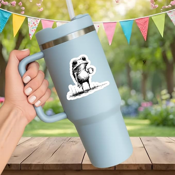 HANDICHI Design 5-Pack 4 Inch Funny Coffee Frog Stickers – Grunge Meme Vinyl Decals – Tired Frog Holding Coffee Cup Aesthetic Sticker Pack for Laptops, Water Bottles, Journals, and Scrapbooks