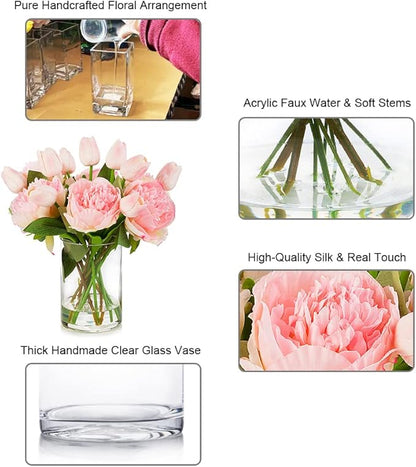 ENOVA FLORAL Artificial Flower Arrangement with Vase, Faux Flower in Vase, Mixed Artificial Real Touch Tulip and Fake Silk Peony Flower in Vase for Decoration Home Office Centerpiece (Pink)