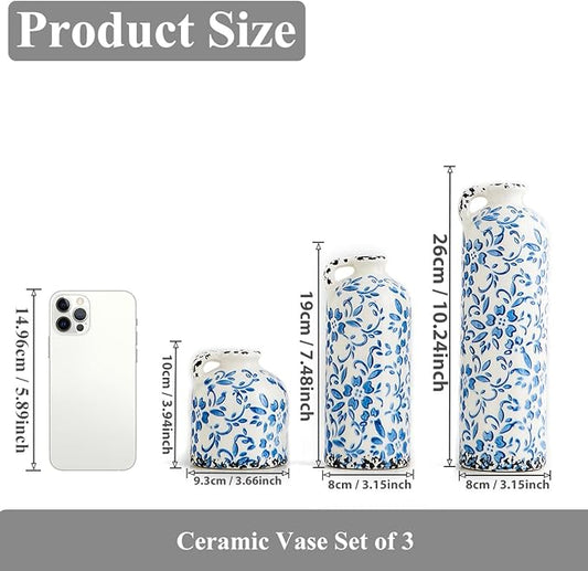 Ceramic Vase Set of 3, Vintage Blue and White Vase, Chinoiserie Floral Vases, Rustic Farmhouse Ceramic Vases for Home Decor, Blue Vase for Living Room, Kitchen Island, Bookshelf, Chinoiserie Decors