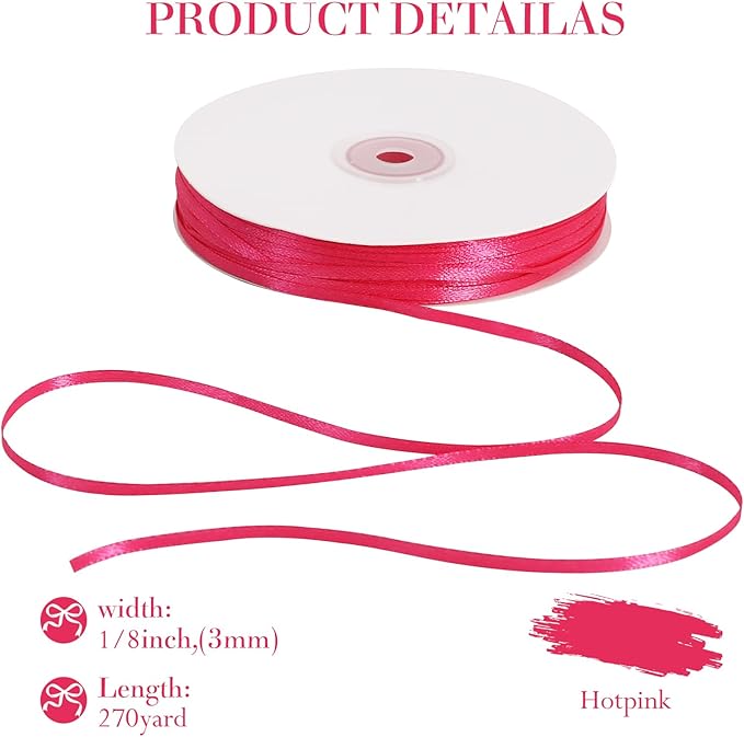 TONIFUL 1/8 Inch x 200 Yards Hotpink Thin Solid Satin Ribbon Giant Spool Double Face Ribbons for Crafts Hanging Tags Invitation Card Balloons Bouquet Hair Gift Wrapping Party Decoration