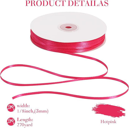TONIFUL 1/8 Inch x 200 Yards Hotpink Thin Solid Satin Ribbon Giant Spool Double Face Ribbons for Crafts Hanging Tags Invitation Card Balloons Bouquet Hair Gift Wrapping Party Decoration