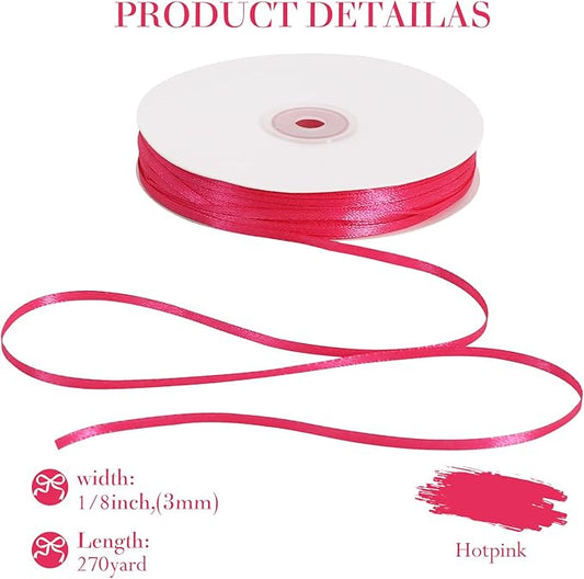 TONIFUL 1/8 Inch x 200 Yards Hotpink Thin Solid Satin Ribbon Giant Spool Double Face Ribbons for Crafts Hanging Tags Invitation Card Balloons Bouquet Hair Gift Wrapping Party Decoration