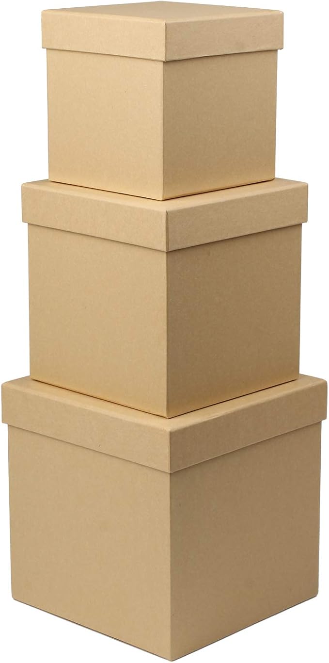 Briful Square Gift Boxes with Lids Set of 3 Brown Gift Box Assorted Sizes Nesting Gift Boxes for Presents Birthday Bridesmaid Wedding Valentines Christmas Party Favor Boxes