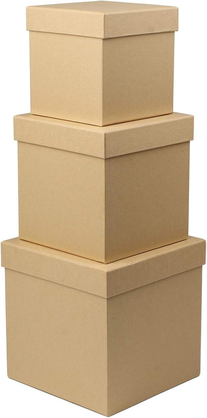 Briful Square Gift Boxes with Lids Set of 3 Brown Gift Box Assorted Sizes Nesting Gift Boxes for Presents Birthday Bridesmaid Wedding Valentines Christmas Party Favor Boxes