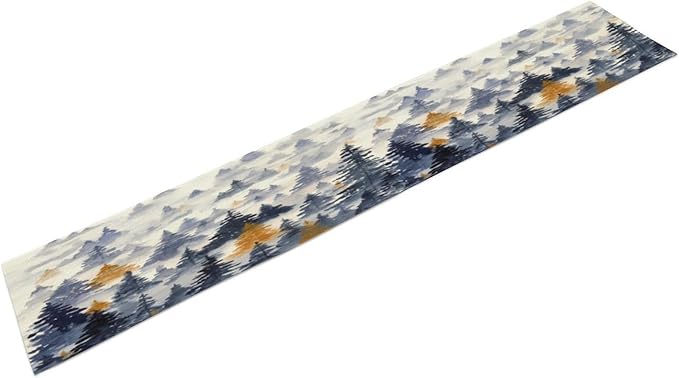 Watercolor Blue Pine Trees Table Runner, Forest Woodland Tabletop Scarf Home Kitchen Holiday Decor, Seasonal Farmhouse Rustic Dining Decorations Party Supply 13 X 90 Inch