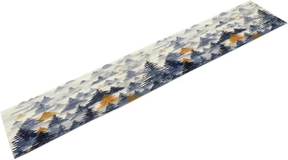 Watercolor Blue Pine Trees Table Runner, Forest Woodland Tabletop Scarf Home Kitchen Holiday Decor, Seasonal Farmhouse Rustic Dining Decorations Party Supply 13 X 90 Inch