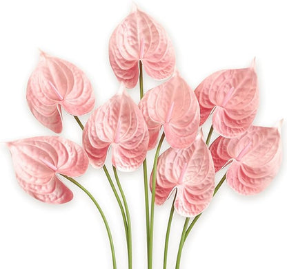 Real Touch Anthurium Artificial Flowers, 8pcs Shabby Blush Faux Pink Flowers with Stems for Tropical Wedding Bouquets, Romantic Centerpieces & Bridal Shower Party Decoration