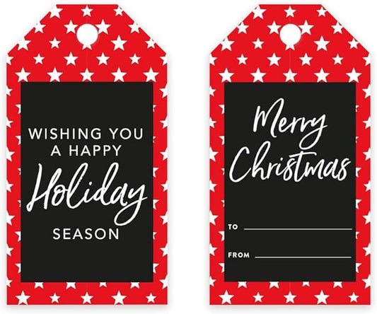 Andaz Press Christmas Holiday Season Classic Gift Tags, Merry Christmas to from and Wishing You A Happy Holiday Season, Red with White Stars Design, for Holiday Events, Parties, and Favors, 60-Pack
