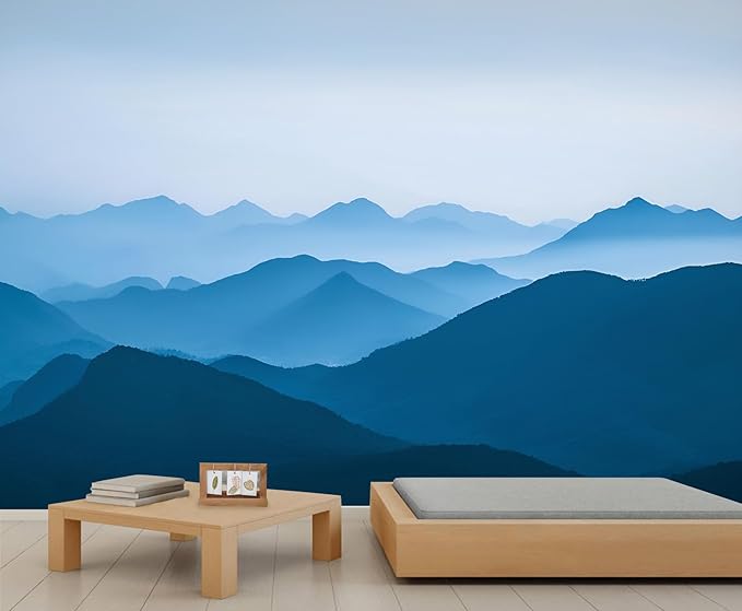 Minimalist Blues Mountain Wall Mural, Misty Layered Hills 3D Wall Murals, Serene Misty Mountains Wallpaper Mural, for Living Room Bedroom Large Wallpaper Indoor Decor 78.7" W x55.1 H
