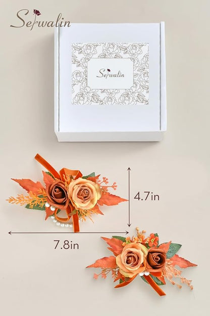 Serwalin Orange Corsage and Boutonniere Set 𝟮𝙥𝙘𝙨, 𝟲-𝟳 𝙄𝙣𝙘𝙝 Boutonniere and Wrist Corsage Wristband Prom Flower Wedding Flowers Accessories Prom Suit Decorations Cake Topper
