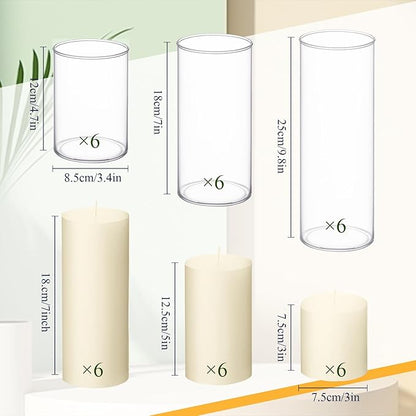Shihanee 36 Pcs Pillar Candles with Glass Cylinder Vases Tall Hurricane Candle Holders Cylinder Vases for Centerpieces Wedding Party Decor, Total 18 Sets(Clear,Ivory White)