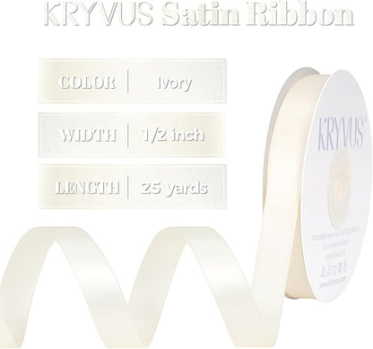Ivory Satin Ribbon, Double Faced 1/2 Inch X 25 Yards, Premium Satin Ribbon for Gift Wrapping, Crafts, Hair Bow Making, Sewing, Flower Bouquet, Wedding Party Decor