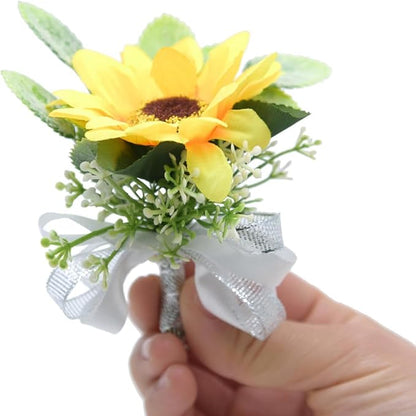 Sunflower Boutonniere Groom Boutonniere Man Buttonholes Bride Corsage Maid of Honor Gift Groom Gifts Wedding Boutineer with Pin Artificial Yellow Silk Flower Decor (White,Pack of 8)
