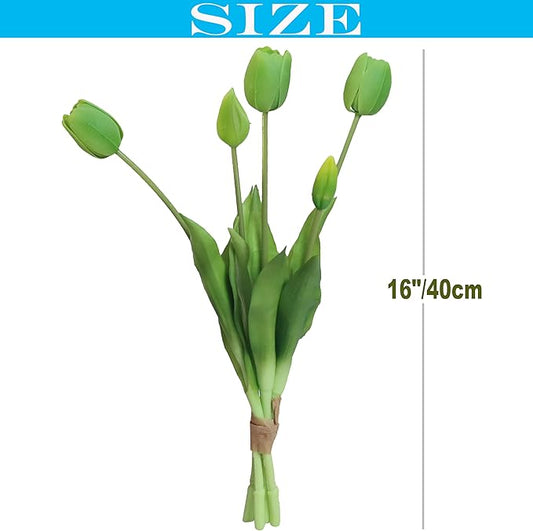 20pcs Artificial Tulip Flowers,16 Inch Real Touch Tulip Stems with Faux Leaves, Faux Tulips and Buds for Home Décor Centerpiece Ornament Wedding Bouquet,Green