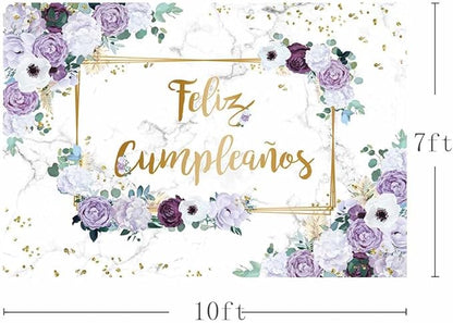 MEHOFOND 10x7ft Feliz cumpleaños Backdrop Purple and White Flower Birthday Photography Background Girl Geometric Gold Glitter Dots Birthday Floral Party Decorations Cake Smash Decor Studio Photo Props