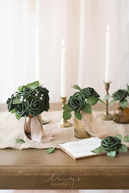 Ling’s Moment Artificial Flowers 25Pcs Emerald Green Roses Decor w/Stems,3" Real Touch DIY Foam Floral for Wedding Bouquet/Centerpieces, Outdoors Party Backdrop, Room/Table, and Garden/Pot Decorations