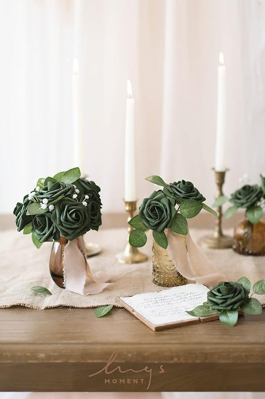 Ling’s Moment Artificial Flowers 25Pcs Emerald Green Roses Decor w/Stems,3" Real Touch DIY Foam Floral for Wedding Bouquet/Centerpieces, Outdoors Party Backdrop, Room/Table, and Garden/Pot Decorations
